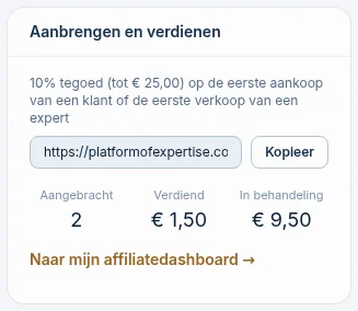 Het widget Aanbrengen en verdienen met de persoonlijke link en de verdiensten