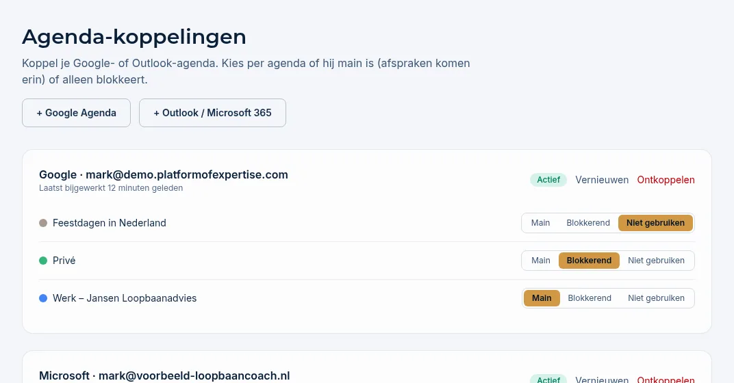 Een gekoppeld Google-account met agenda's in de rollen Main, Blokkerend en Niet gebruiken (voorbeeld)
