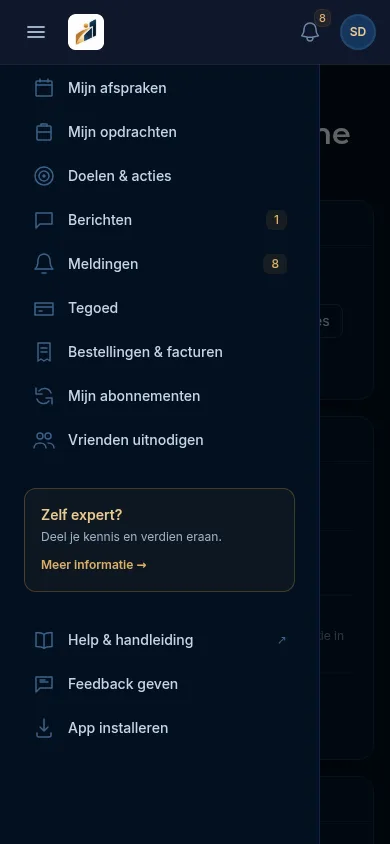 Het menu op een telefoon met onderaan App installeren