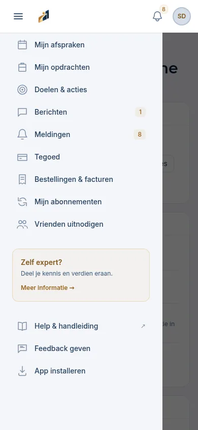 Het menu op een telefoon met onderaan App installeren