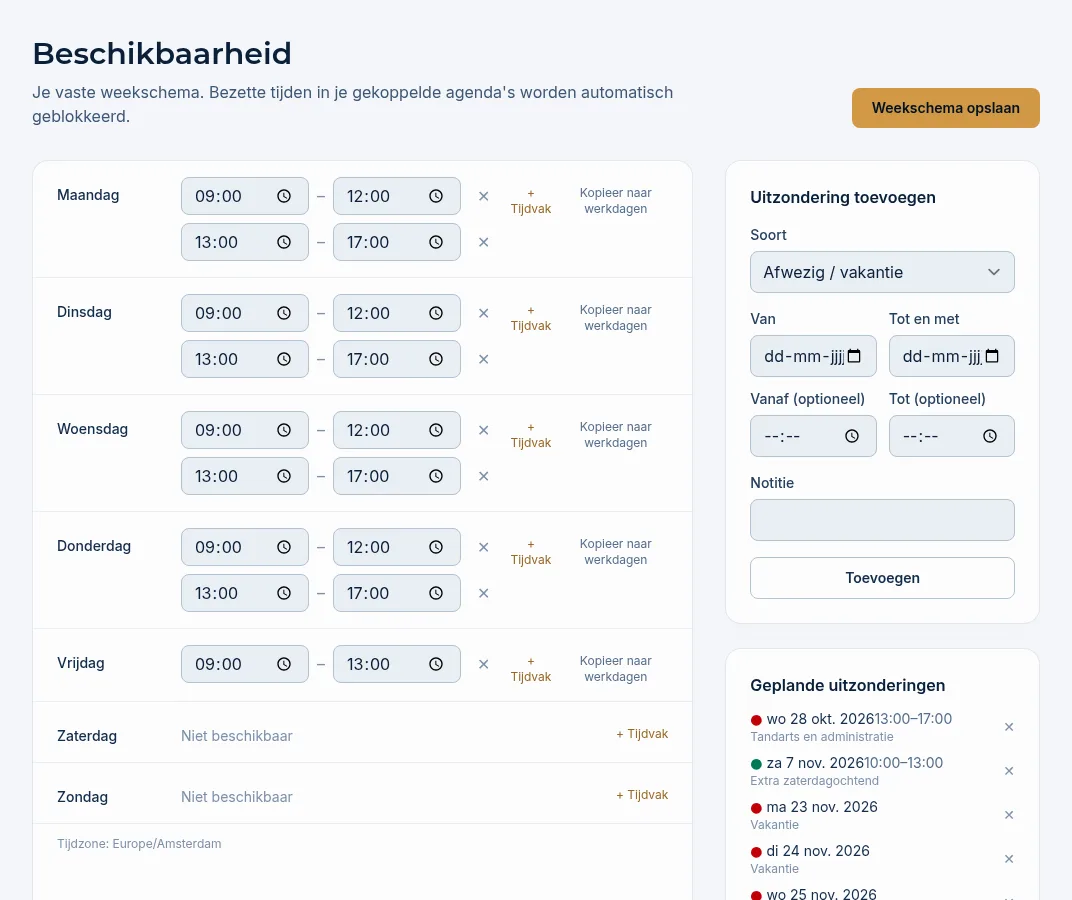 Het weekschema met tijdvakken per dag en rechts de uitzonderingen