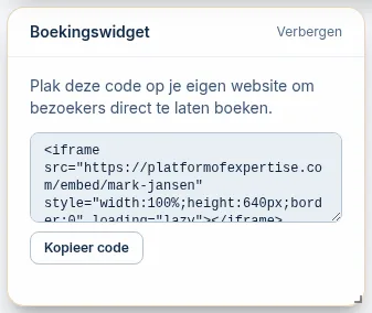 Het widget Boekingswidget met de embedcode en de knop Kopieer code