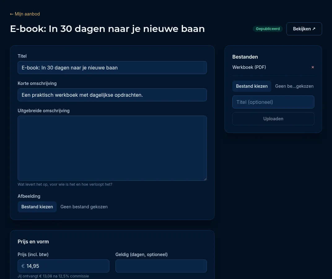 De bewerkpagina van een digitaal product