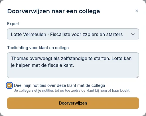 Het venster Doorverwijzen naar een collega met het vinkje om je notities te delen