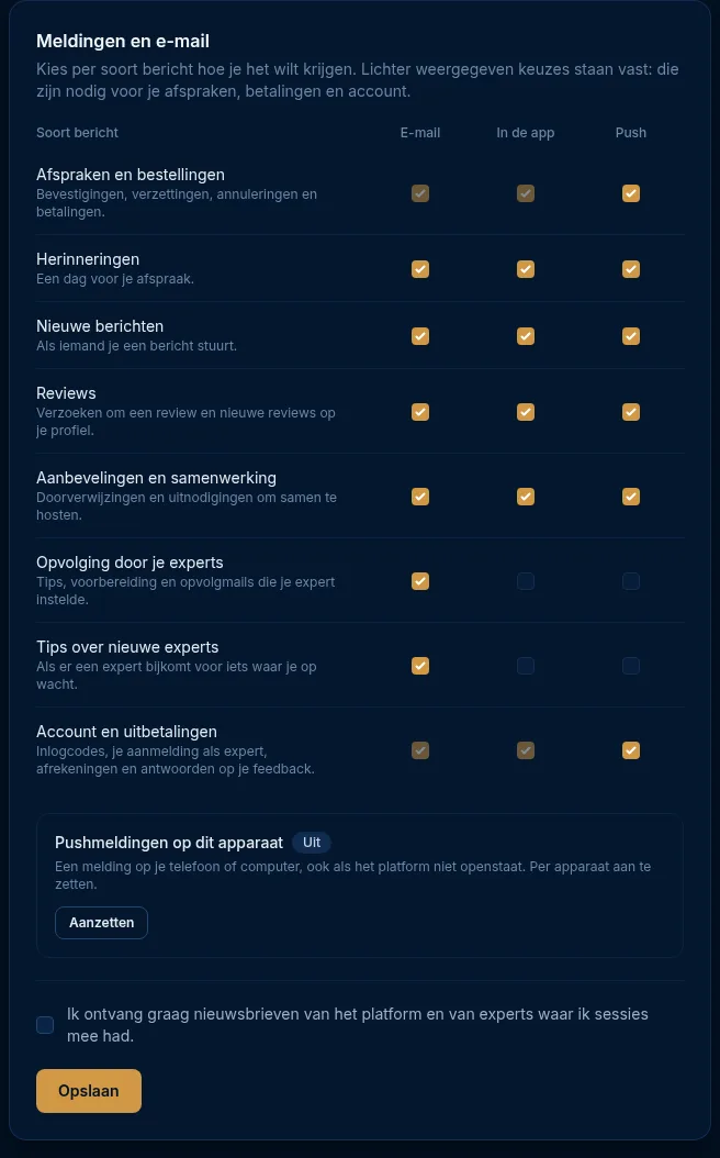 De kaart Meldingen en e-mail met per soort bericht de kolommen E-mail, In de app en Push