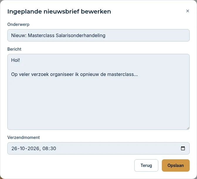 Het venster Ingeplande nieuwsbrief bewerken met onderwerp, bericht en verzendmoment