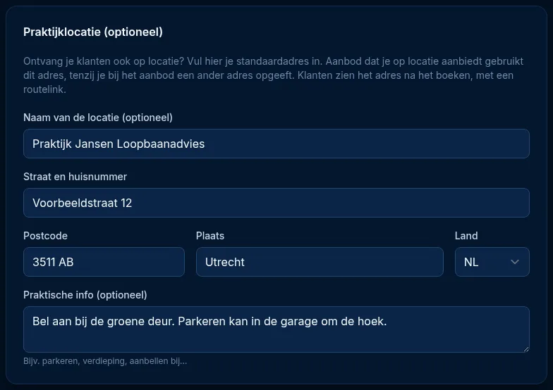 Het blok Praktijklocatie in Sessie-instellingen met naam, adres, postcode, plaats, land en praktische info