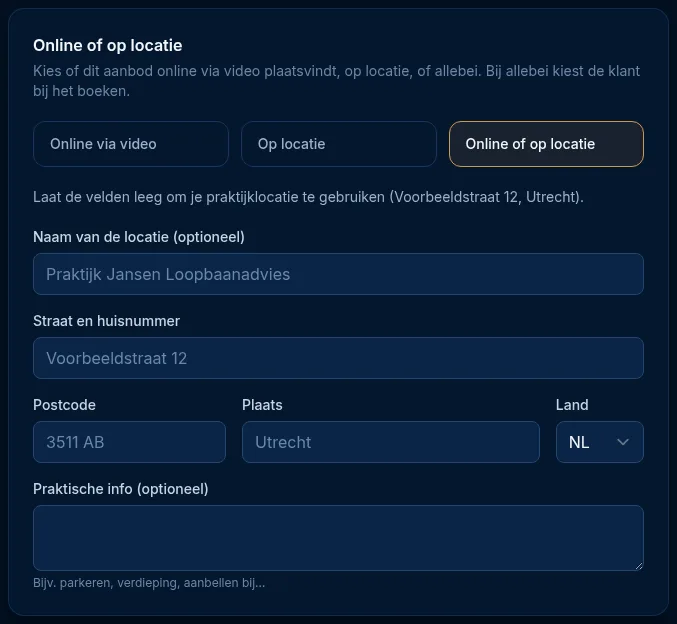 Het blok Online of op locatie in het aanbodformulier met de keuze Online of op locatie en de adresvelden met je praktijklocatie als voorbeeld
