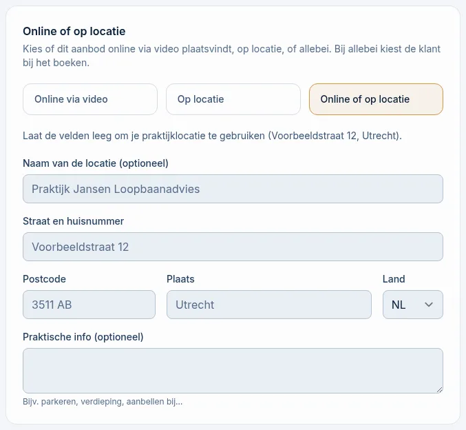 Het blok Online of op locatie in het aanbodformulier met de keuze Online of op locatie en de adresvelden met je praktijklocatie als voorbeeld
