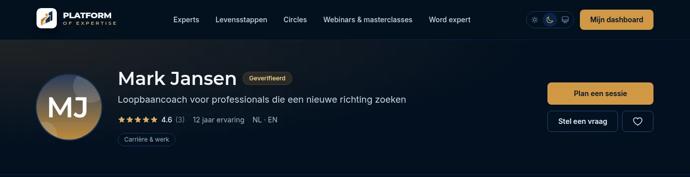 Bovenkant van een publieke expertpagina met naam, kopregel, score en knoppen