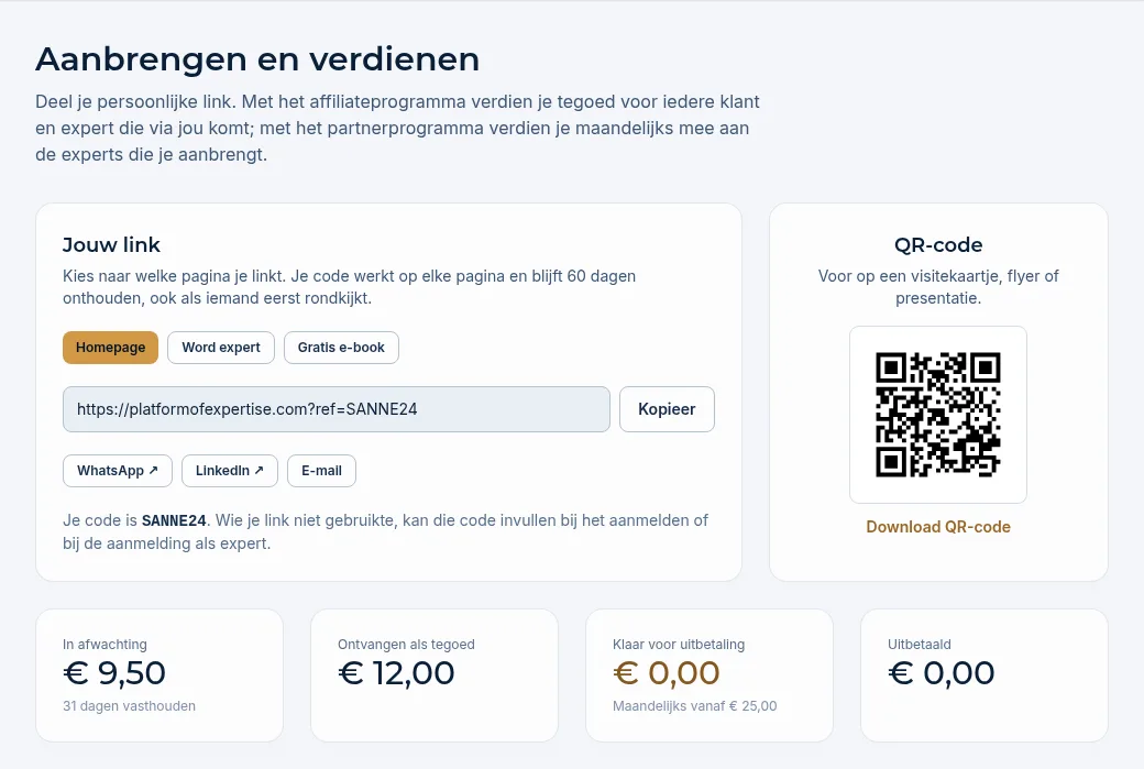 De pagina Aanbrengen en verdienen met je link, de QR-code en de tellers