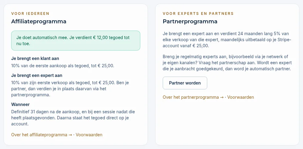 De blokken Affiliateprogramma en Partnerprogramma