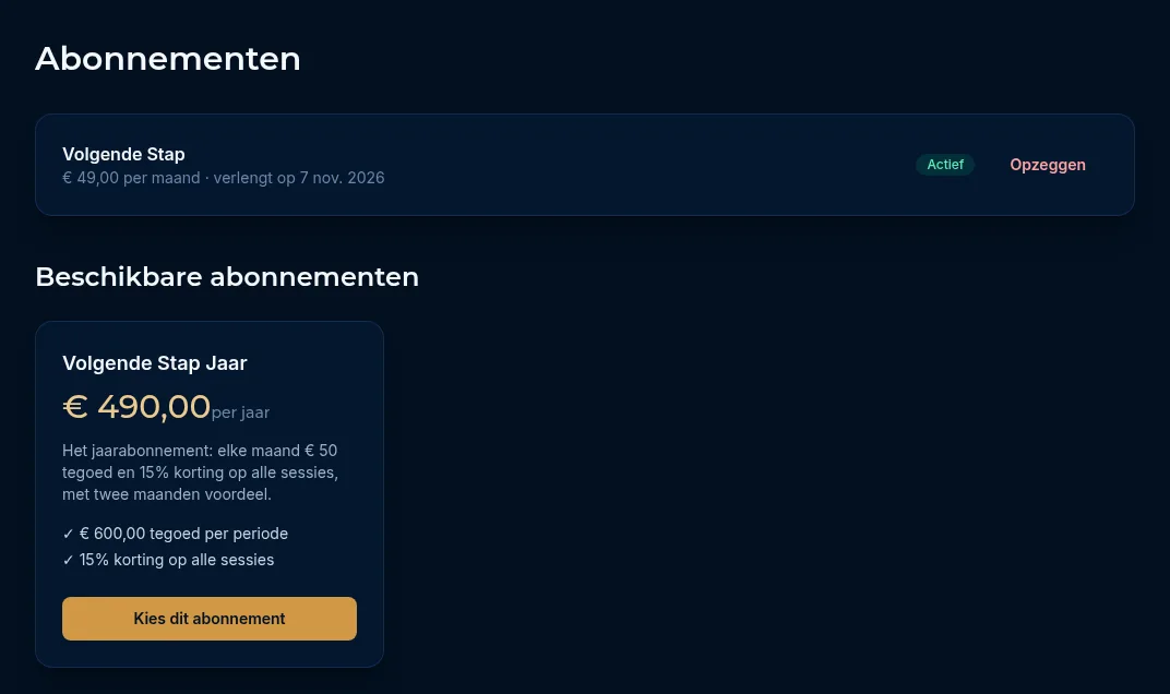 De pagina Abonnementen met bovenaan het actieve abonnement en daaronder de beschikbare abonnementen