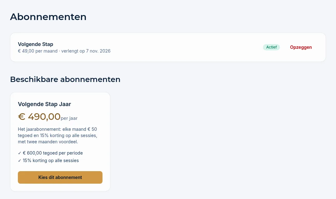 De pagina Abonnementen met bovenaan het actieve abonnement en daaronder de beschikbare abonnementen