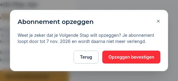 Het venster Abonnement opzeggen met de knoppen Terug en Opzeggen bevestigen