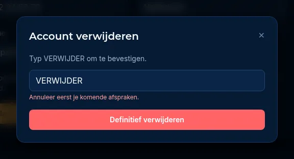 Het venster Account verwijderen met VERWIJDER ingevuld en de melding Annuleer eerst je komende afspraken