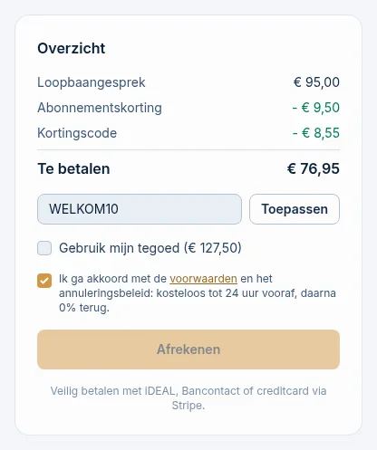 Het Overzicht met de prijs, abonnementskorting, kortingscode, het bedrag Te betalen en de knop Afrekenen