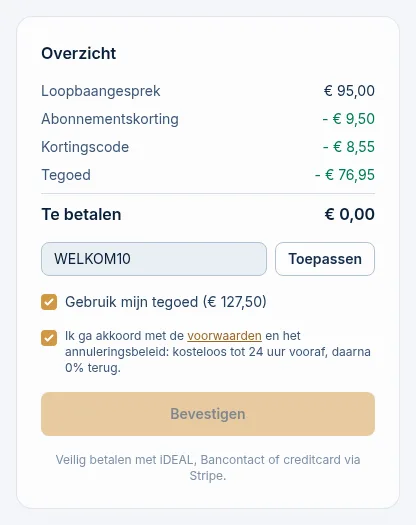 Het overzicht met tegoed: het tegoed dekt het volledige bedrag, Te betalen is € 0,00 en de knop heet Bevestigen