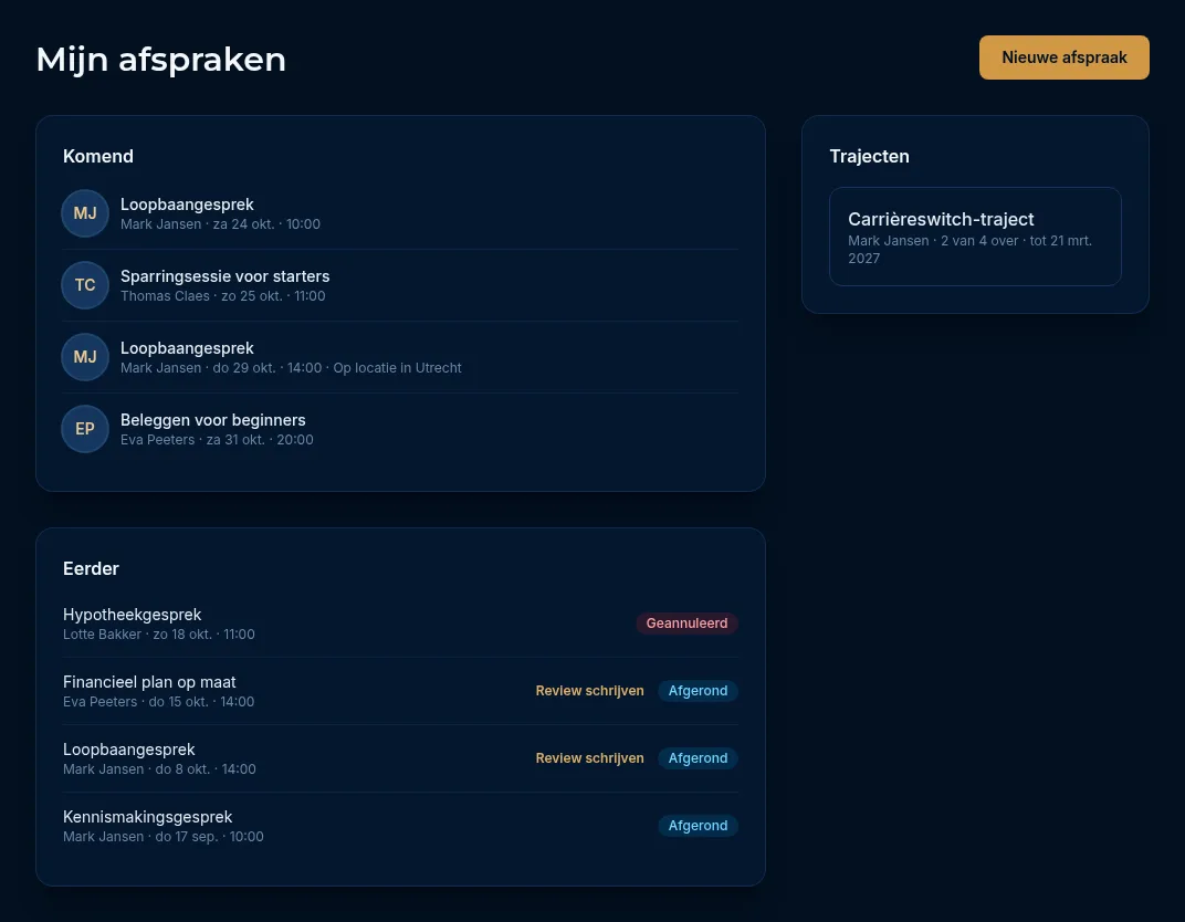 De pagina Mijn afspraken met de blokken Komend, Eerder en Trajecten