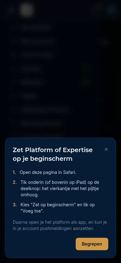 Het venster Zet Platform of Expertise op je beginscherm met drie stappen