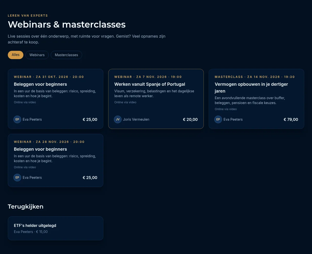 Het overzicht Webinars & masterclasses met de filterknoppen en onderaan Terugkijken
