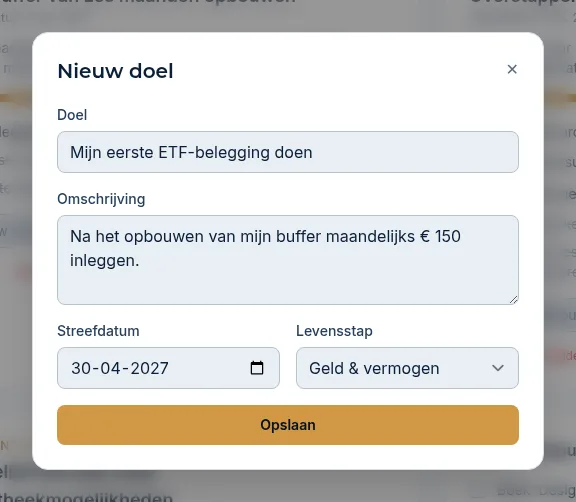 Het venster Nieuw doel met de velden Doel, Omschrijving, Streefdatum en Levensstap