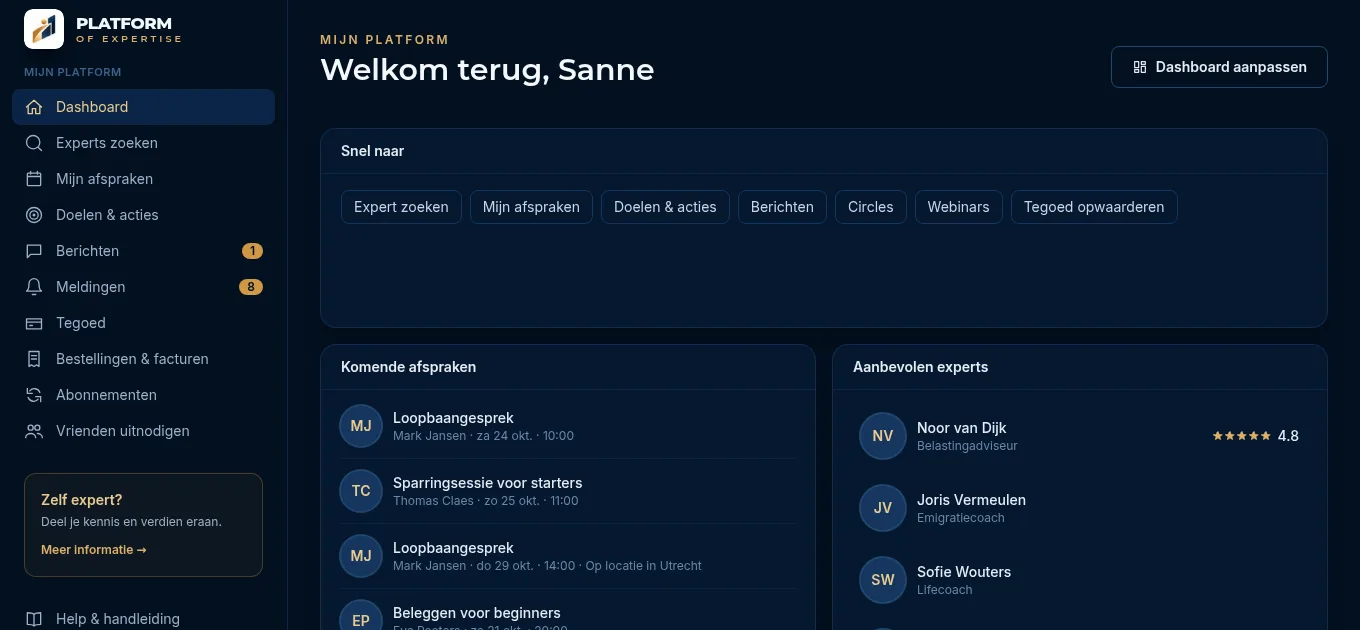 Het dashboard met de widgets Snel naar, Komende afspraken en Aanbevolen experts