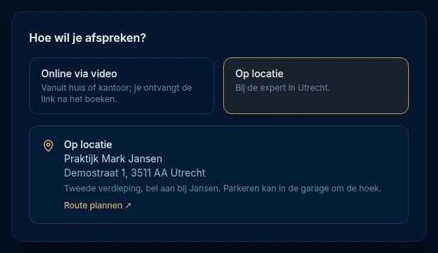 Het blok Hoe wil je afspreken? met de keuze Op locatie en daaronder het adres van de expert met Route plannen