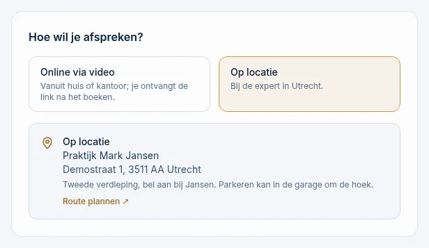 Het blok Hoe wil je afspreken? met de keuze Op locatie en daaronder het adres van de expert met Route plannen