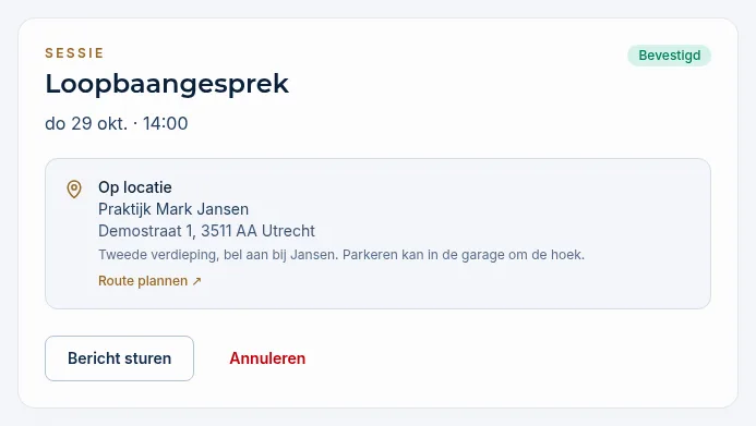Een afspraak op locatie met het adres, de praktische info en Route plannen