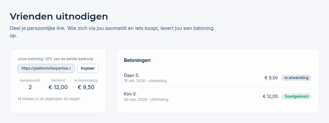 De pagina Vrienden uitnodigen met de persoonlijke link, de tellers en de lijst Beloningen