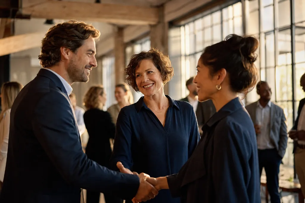 Een netwerker stelt twee professionals aan elkaar voor tijdens een bijeenkomst